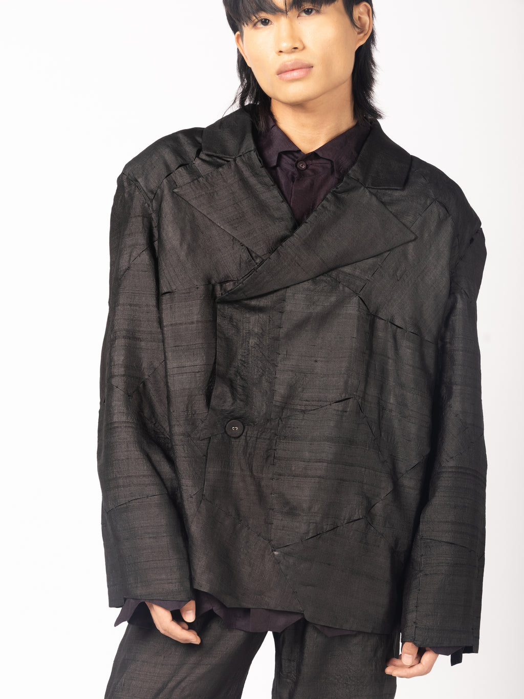 Black Blazer, Black Trousers, Purple Shirt
