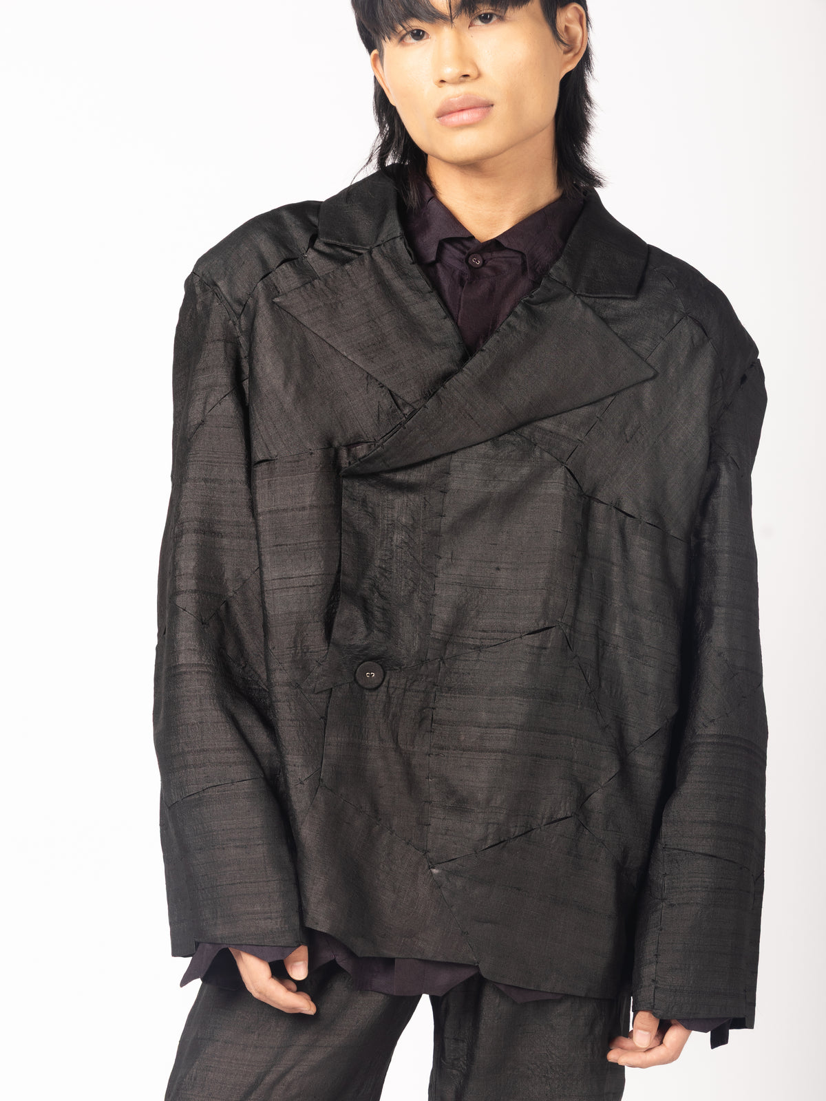 Black Blazer, Black Trousers, Purple Shirt