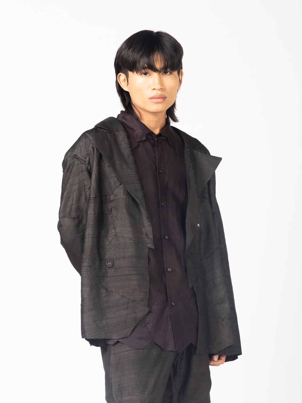 Black Blazer, Black Trousers, Purple Shirt