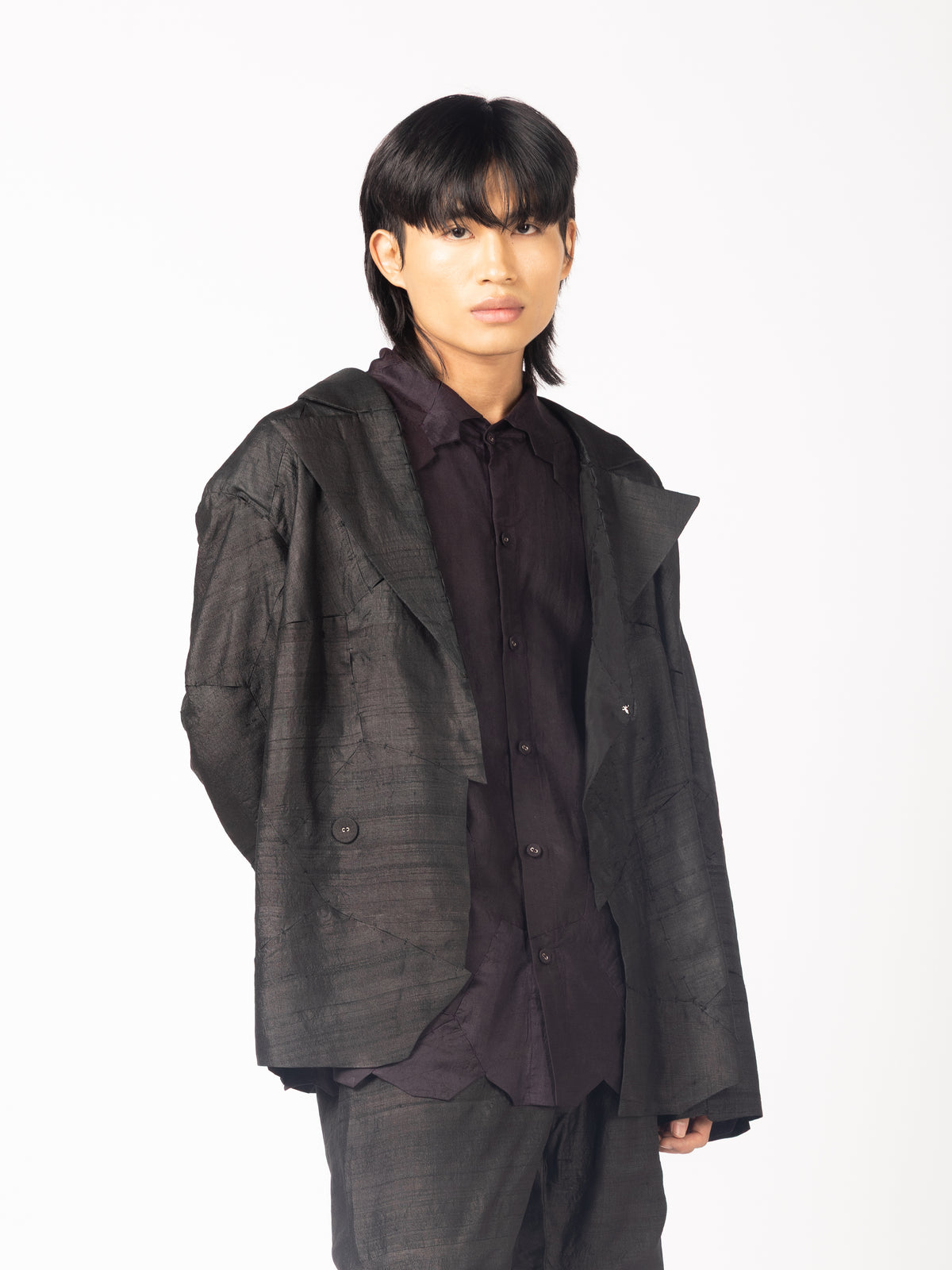 Black Blazer, Black Trousers, Purple Shirt