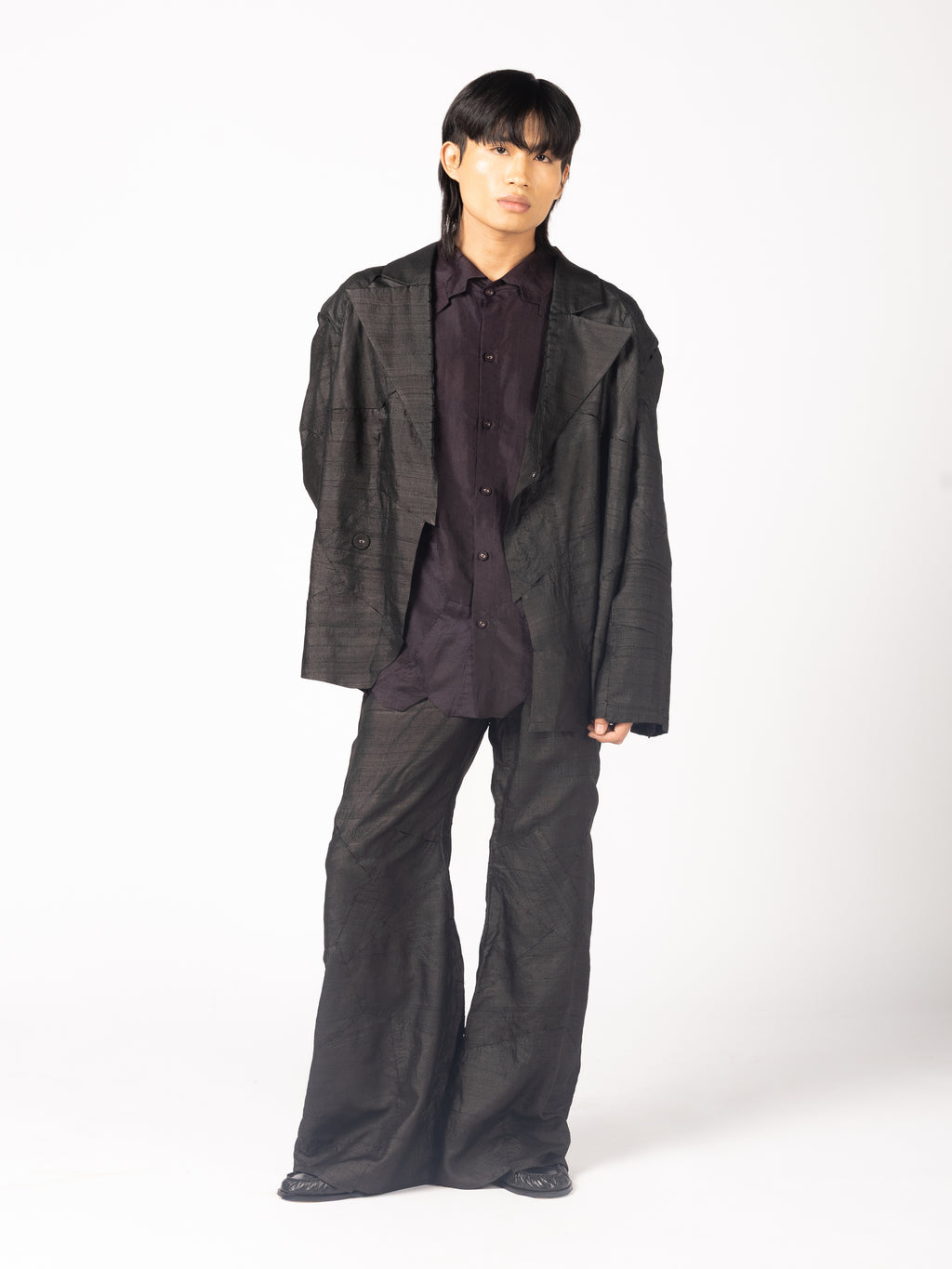 Black Blazer, Black Trousers, Purple Shirt